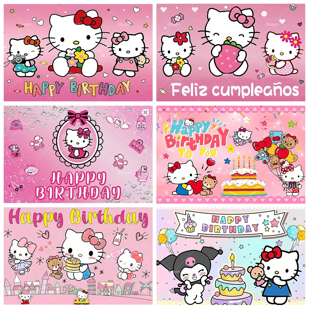 

Cartoon Hello Kitty Theme Backdrop Kid's Birthday Party Supplies Decor Background Baby Shower Customized Banner Photo Booth Prop