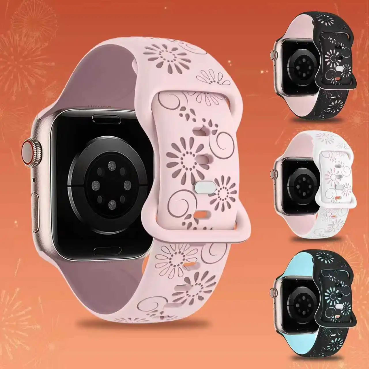 Damen-Silikonarmband mit floralem Feuerwerk und Gravur für Apple Watch 11/10/9/8/7/6/5/4/3/2/1,38/40/41/42/44/45/46 mm, süßes weiches Armband