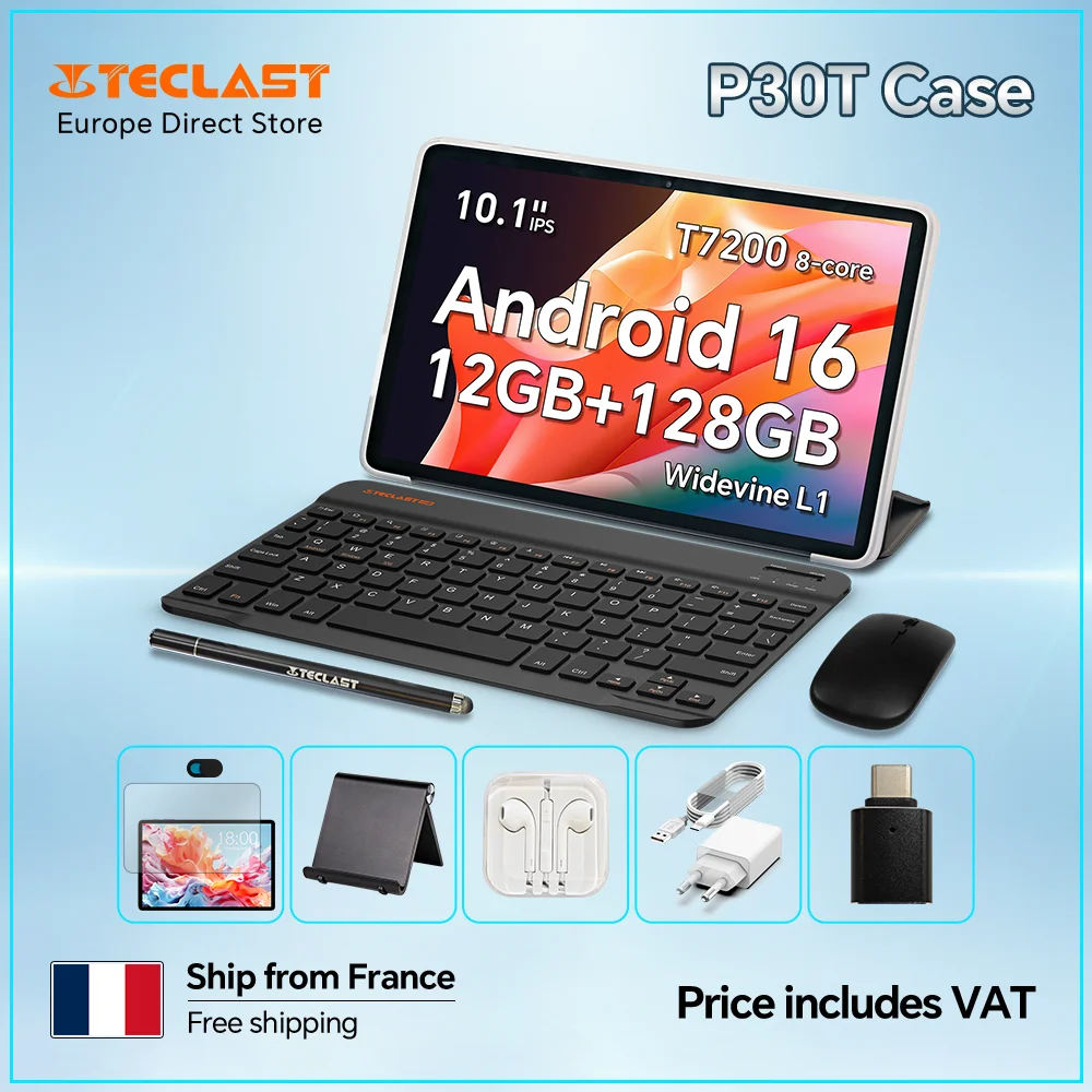 Étui pour tablette Teclast P30T Android 16, 10,1 pouces, 12 Go (4 Go + 8 Go) de RAM, 128 Go de ROM, processeur T7200 8 cœurs, clavier/étui/souris/stylet/casque/support