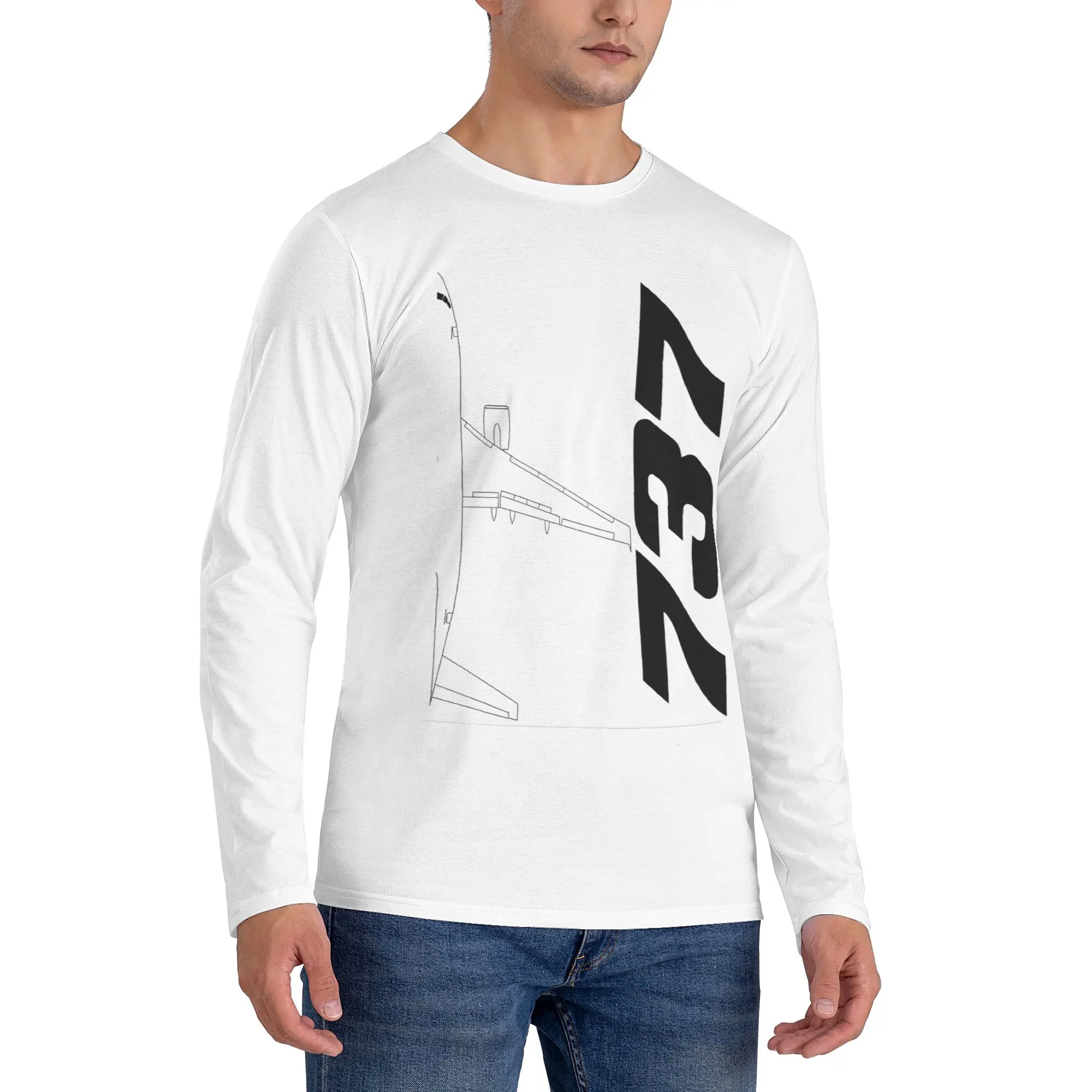 

Boeing 737 Black Silhouette Top View Classic Men's Long Sleeved T-shirt Fashion Round Neck T shirts Spring and Autumn Men tops