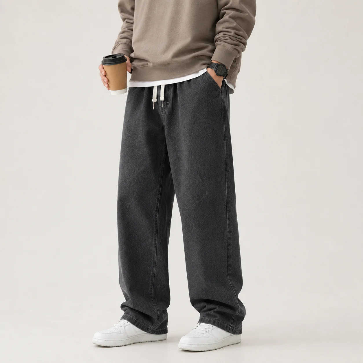 Men's Korean Style Denim Jeans Loose Straight Wide Leg Pants Fall Winter Casual Drawstring Streetwear Relaxed Fit Long Trousers