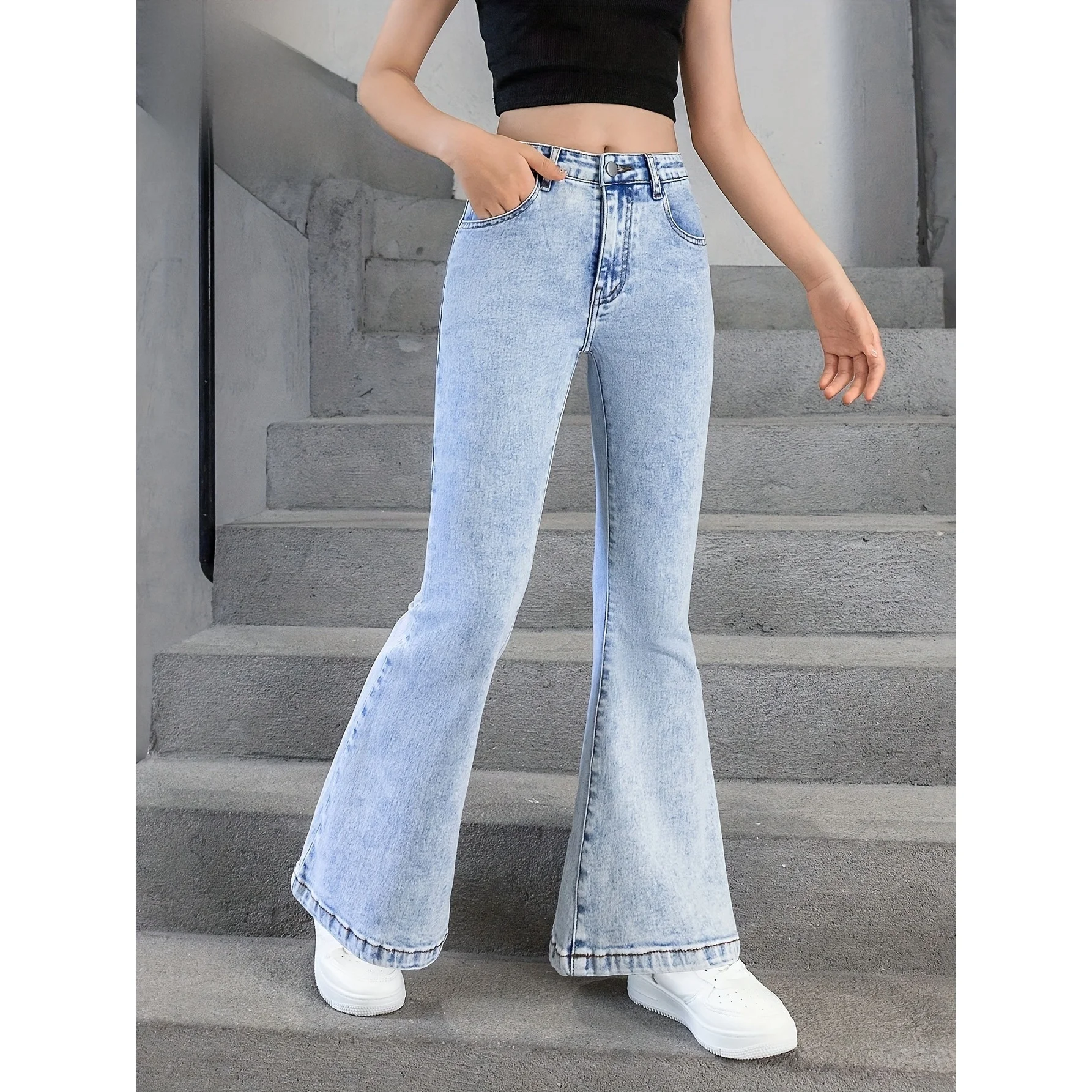 

Girls High Waist Bell Bottom Jeans Embroidered Pocket Decorative Kids Medium Size Denim Pants Spring Season Elastic Waist