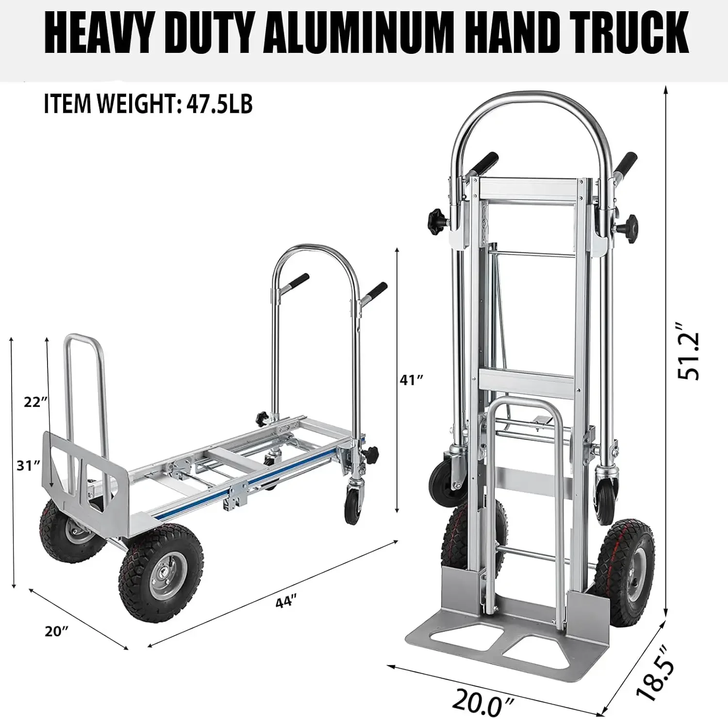 3in1 Aluminum Hand Truck,Convertible Hand Truck Dolly Large Size 1000 lb Capacity, Utility Cart Converts from Hand Truck