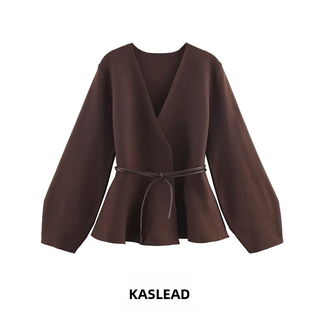 

KASLEAD Новый модный женский вязаный джерт с поясом, универсальный 9598252 77, осенний сезон, открытый кардиган из полиэфирного волокна