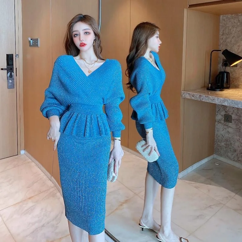 Winter Autumn Women Top Sweater Skirt Sets Lady Bright Line Slim Waist Knitted Top Hip Skirts Party Elegant Dinner Banquet Sets