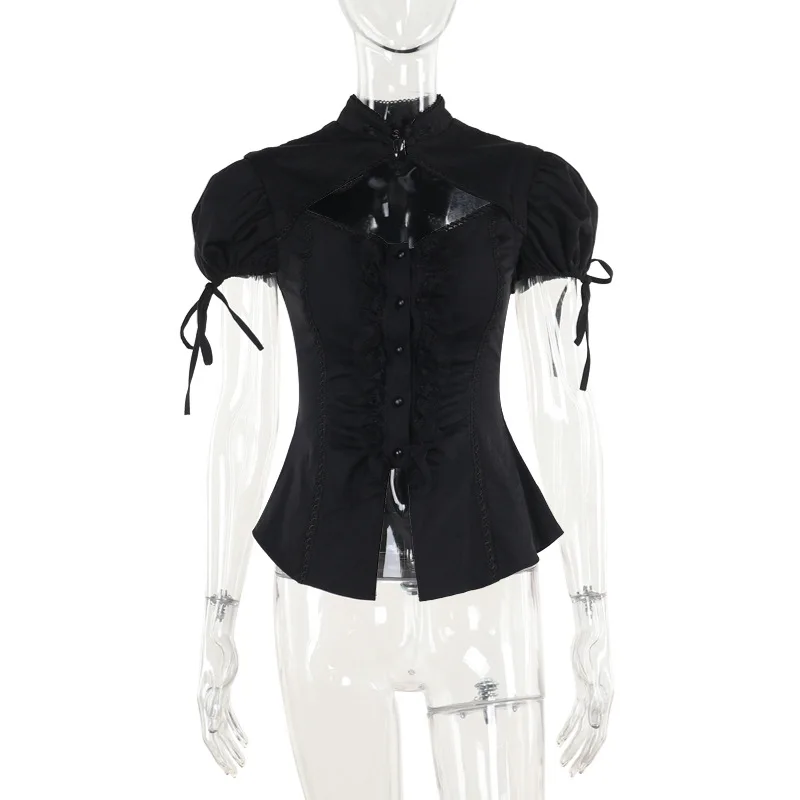 Goth Dark Techwear Black Blouse Sexy Hollow Out Drawstring Slim Shirt E-girl Lace Splice Alt Tops Mall Gothic Women Cute Shirts