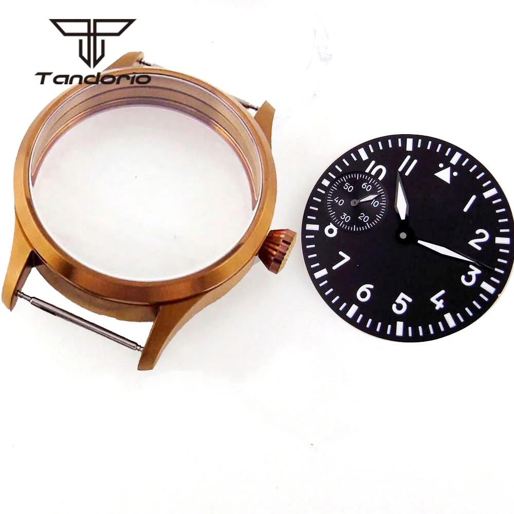 42mm Bronze Coated Watch Case See-through Back Black/White/Blue/Green Dial Hands Fit ETA6497 6498 ST3600 Hand Winding Movement