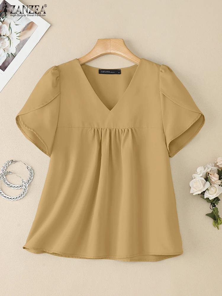 

2025 Summer Office Blouse ZANZEA Stylish Women V Neck Short Sleeve Blusas Elegant Shirt Female Solid Tunic Casual OL Work Tops
