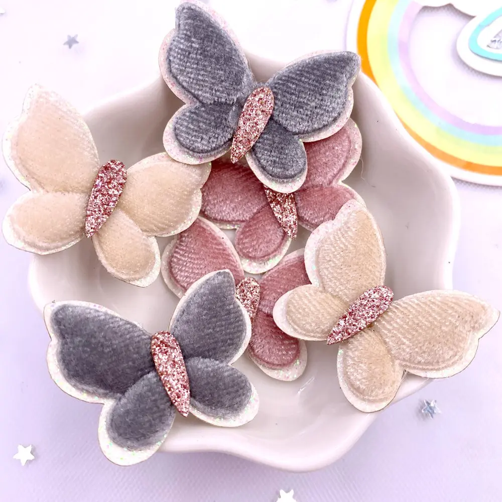 12pcs Colorful Glitter Flannelette Padded Fabric Butterfly Applique Patchs Wedding Girl Hair Clip DIY Bow Craft Supplies XE814