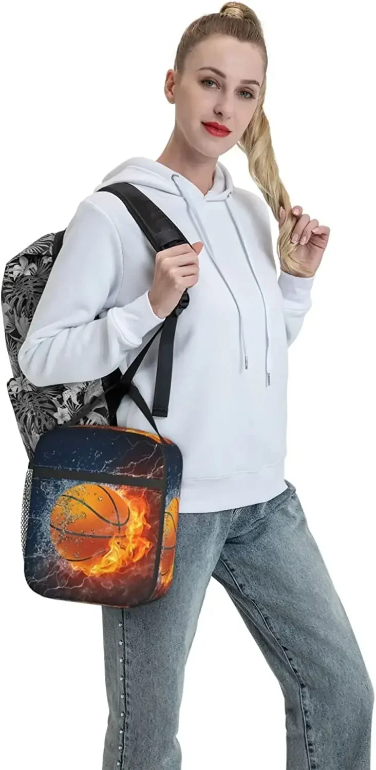 Basketball Fire Totes Lunch Bag Portable Insulated Lunch Box Back to School Picnic Office Travel