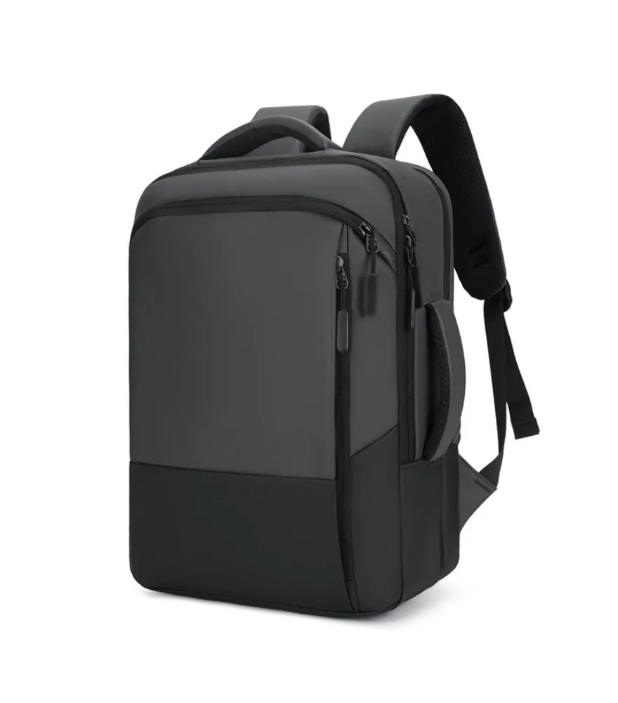 Solid black spliced surface large capacity backpack multi side vertical zippered pockets adjustable breathable shoulder straps