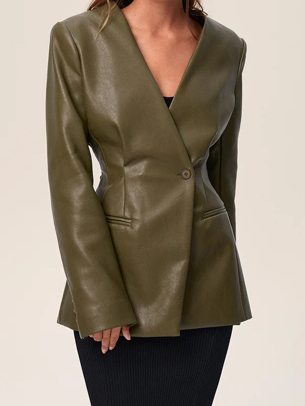 Ele een V-ネック スリムフィット レザージャケット レディース ファッション 秋冬 オルト スベ ロングスベ 合成皮革コート