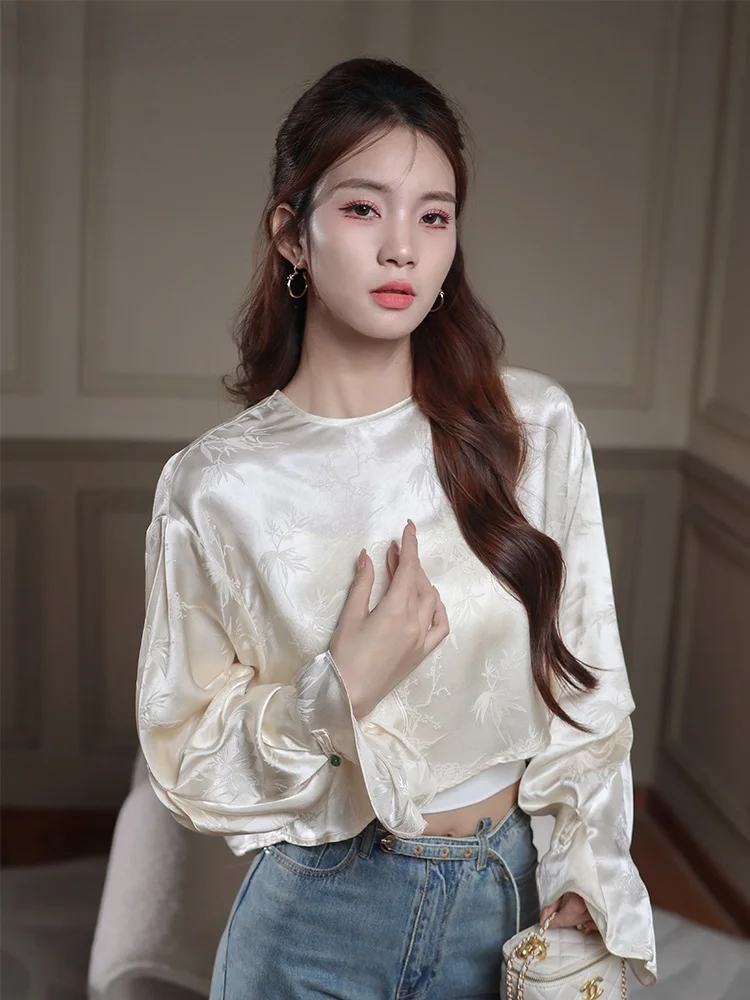 

Новая женская шелковая блузка с круглым вырезом и длинными рукавами в китайском стиле, с вышивкой, винтажная, свободного кроя, с принтом