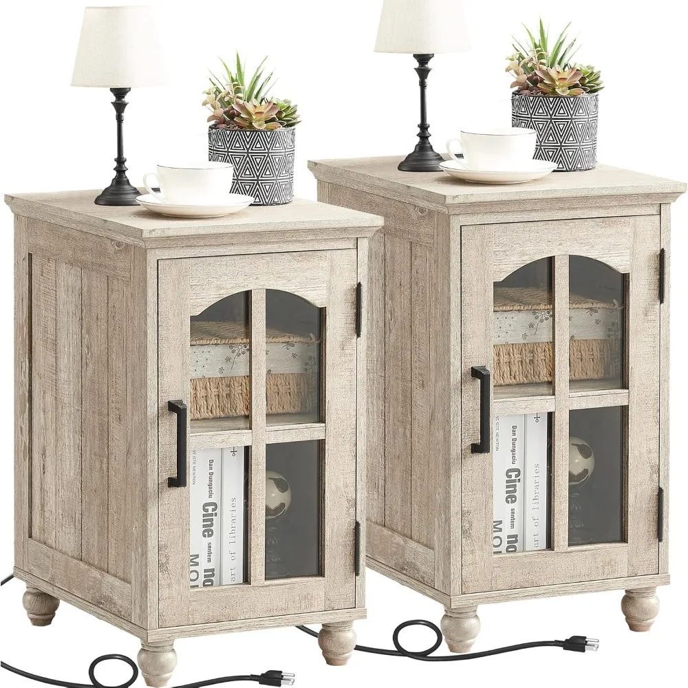 

narrow side table set of 2,farmhouse nightstand with charging station,end table with glass barn door storage, cabinet organizer
