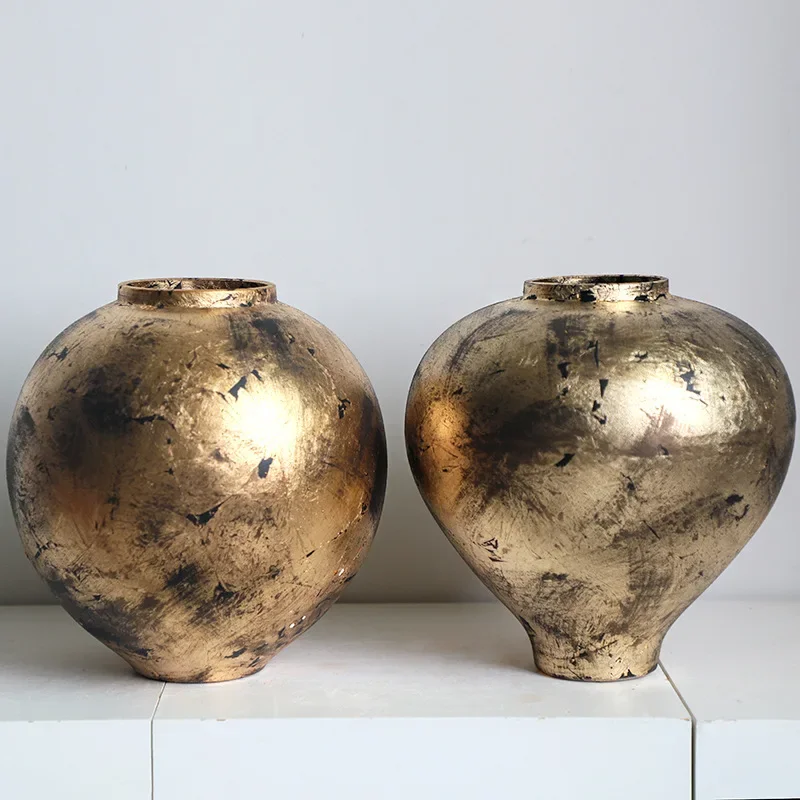 Retro Golden Round Ceramic Vase Handmade Gold Foil Ceramic Jar Flower Vase Flowerpot Home Decoration Accessories