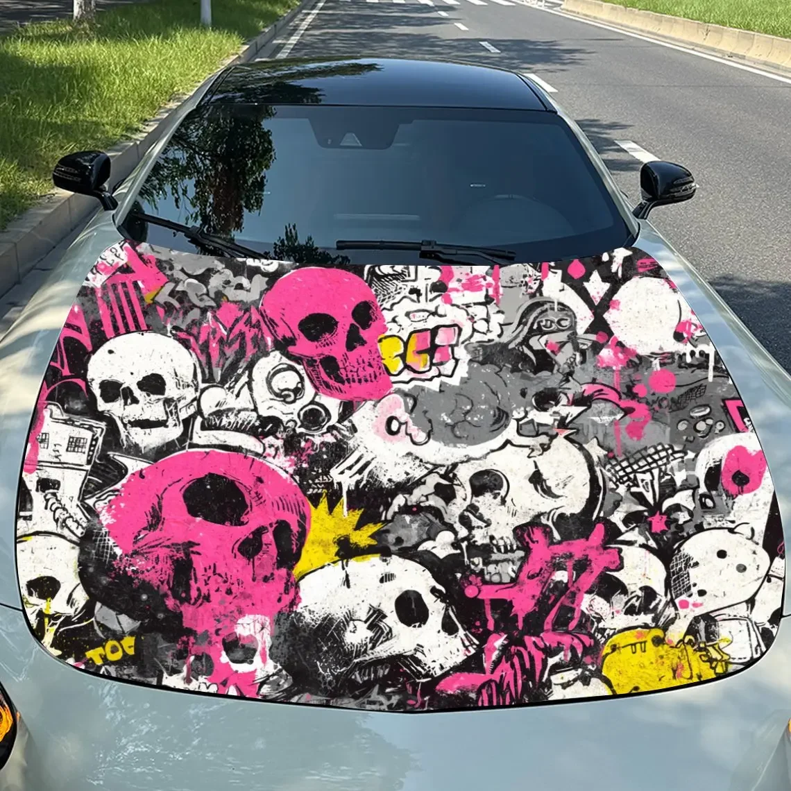 Cool Skeleton Graffiti Pattern Car Hood Decal Sticker - Durable PVC Vinyl Wrap For Most Vehicles, Engine Hood Protective Film Gi