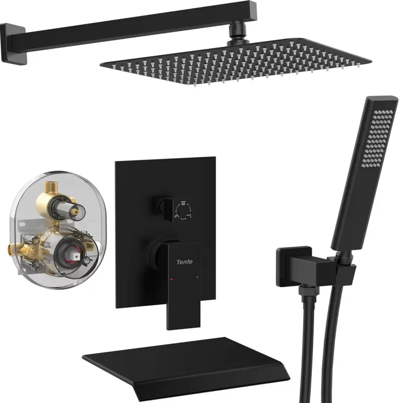 Rain Shower Head System Matte Black 12-Inch & Handheld Sprayer Wall-Mounted Thermostatic Faucet Set Modern Bathroom