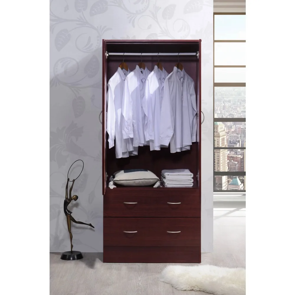 Hodedah Two Door Wardrobe with Two Drawers and Hanging Rod, Brown