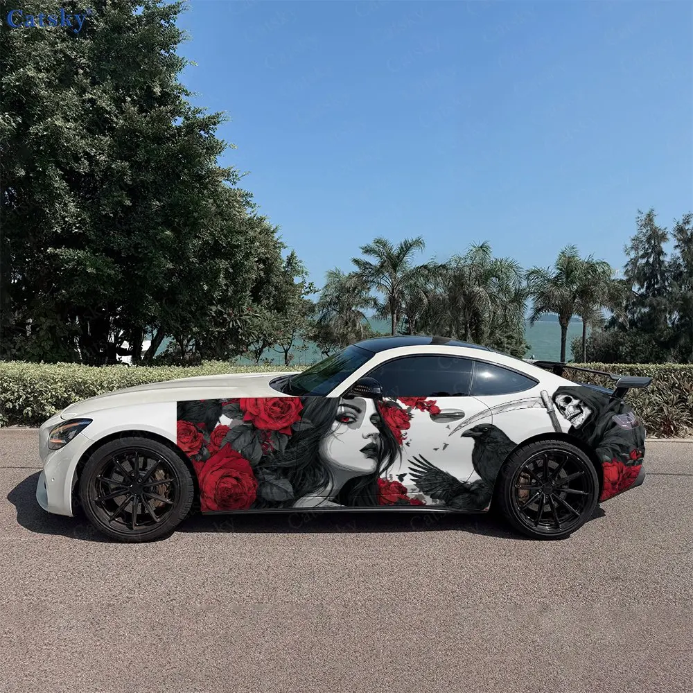 2pcs Black Crow, Red Rose & Girl Car Side Wraps, Self-Adhesive PVC Waterproof & Scratch-Resistant Stickers, Car Accessory Gift