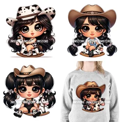 Chibi pegatinas lavables para planchar en la ropa, lindo bebé latino, vaquera, vaca lechera, país occidental, niños, transferencias DTF, listo para presionar