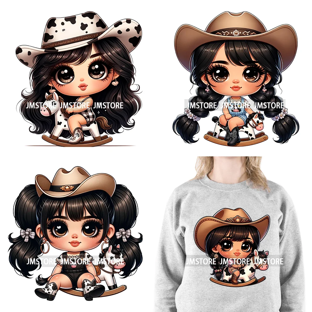 Chibi Cute Latina Baby Cowgirl Dairy Cow Western Country Kids Washable Iron On DTF Transfers Stickers Ready To Press For Clothes