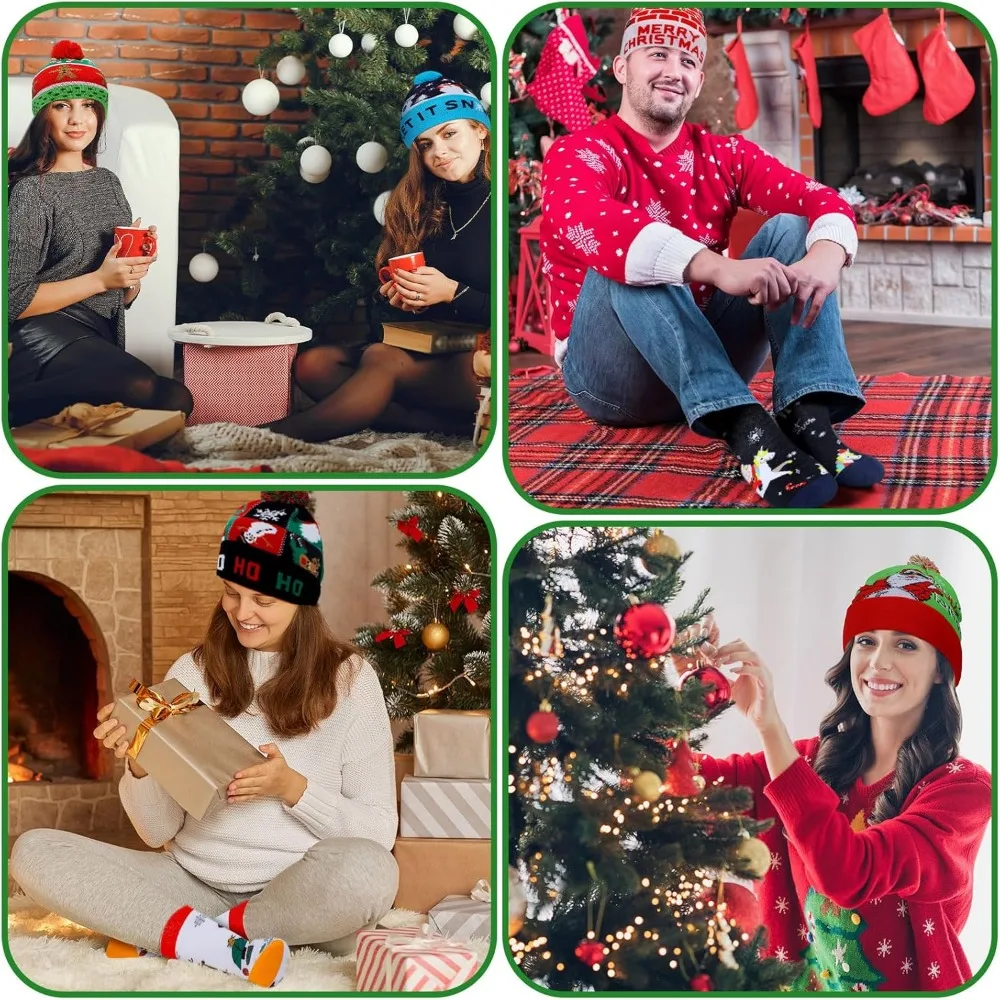 24 Pcs Christmas Light up Hat Christmas Knitted LED Christmas Beanie with Funny Crew Socks