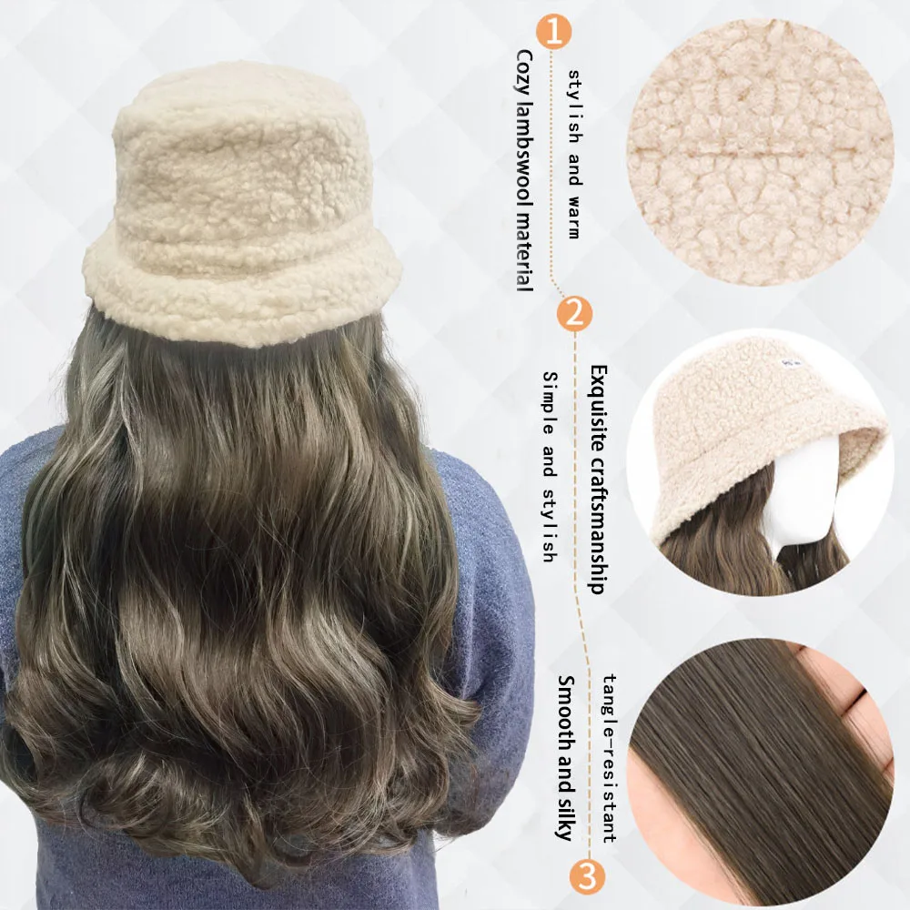 Highlight Color Long Wavy Hair Hat Wig Wear And Go Hat Wigs for Women Winter Warm Lambswool Floppy Cotton Hats with Hair