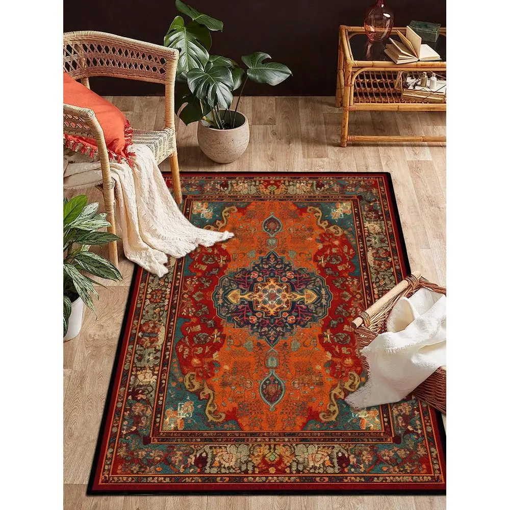 

Vintage Style Rug, Distressed Red Bohemian Traditional Polyester Rectangular Easy Care Washable Area Carpet, Suitable For Livin