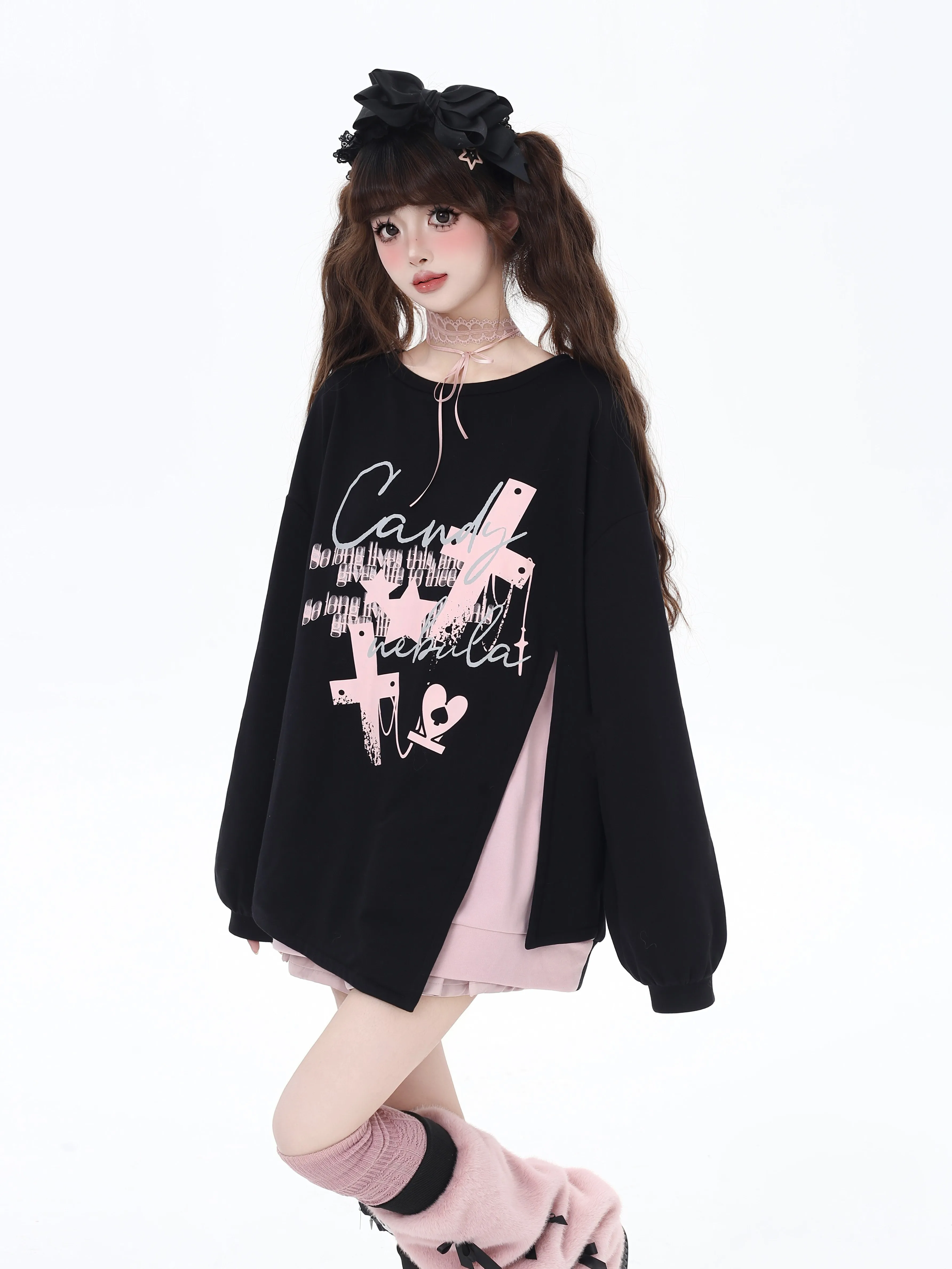 Subculture Highstreet Sweet Cool Y2k Tops Round Neck Long Sleeve Back Big Bow Split Loose Casual Sweatshirts Shirts Women Spring