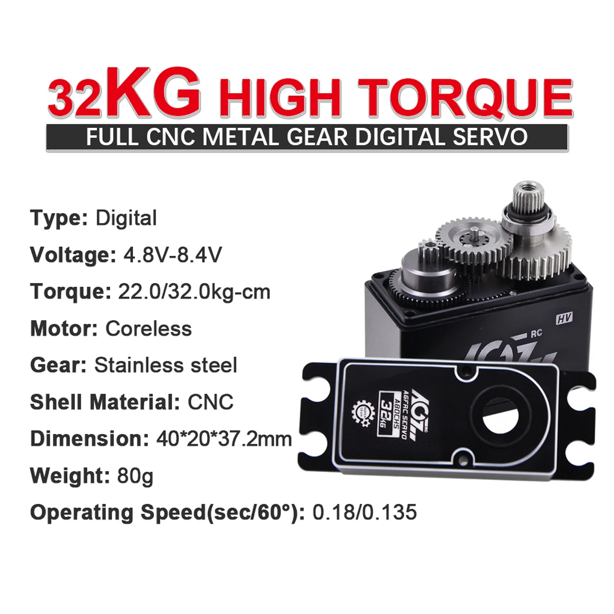 AGFRC A80CHS 32kg 7.4V Coreless Brushless Motor Digital STD Servo Metal Gears For 1/10 RC Car On Boat Road Truck Off Road Truck