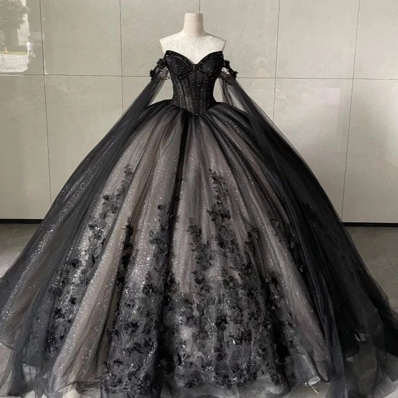 

Black Shiny Quinceanera Dresses Ball Gown Off The Shoulder Applique Flower Beads Tull With Cape Corset Sweet 16 Dress Vestidos