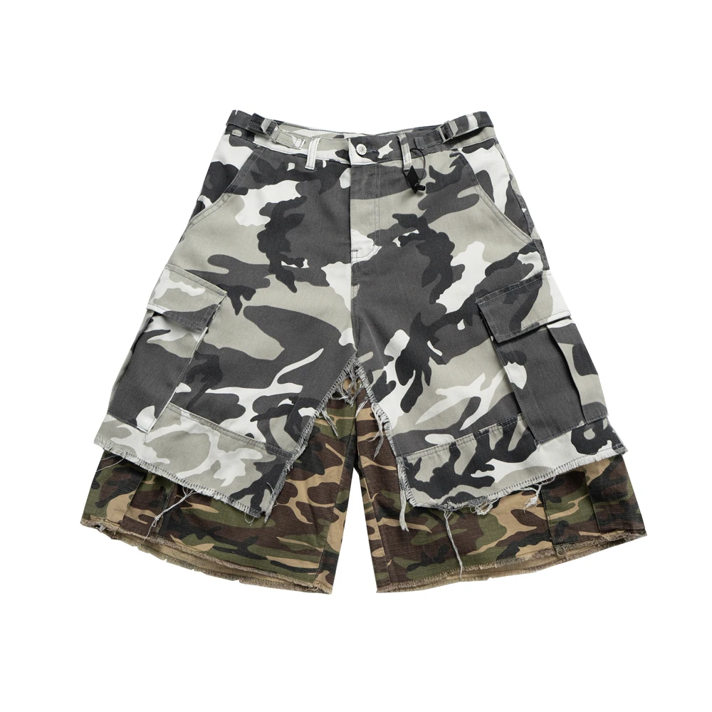 Fake Two Piece Spliced Camouflage Cargo Shorts for Men Wide Leg Knee Length Pants Loose Short
