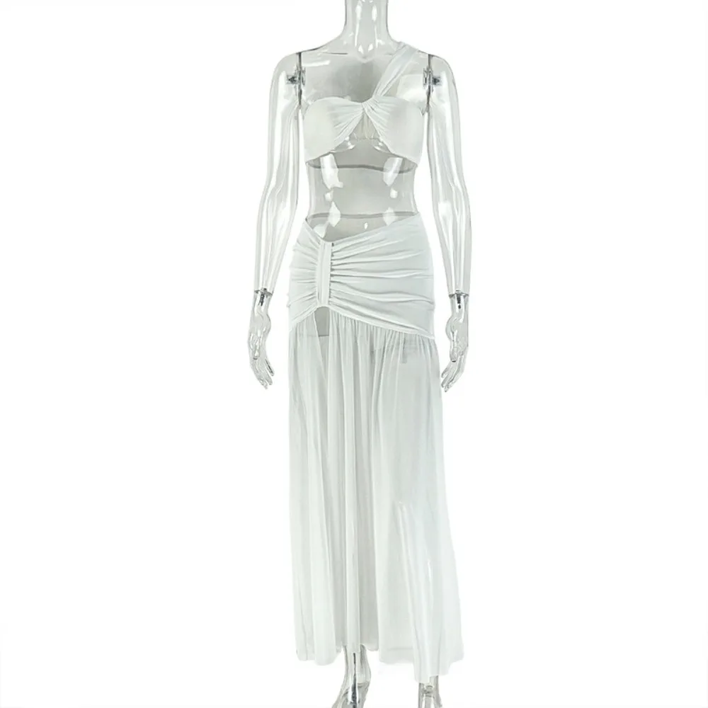 FLARORA セクシーなメッシュ素材のルーシュ加工2ピースセット、女性用ストラップレスクロップトップとハイ スリットロングスカートスーツ、エレガントなビーチバケーションウェア