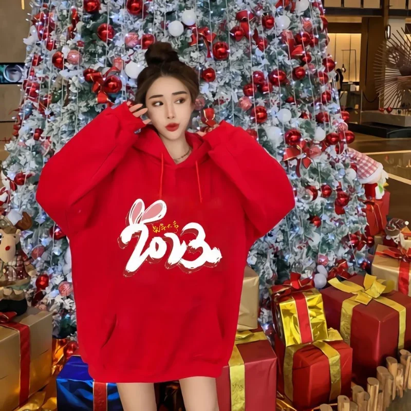 

S-6XL толстовки женская одежда для пар красный китайский стиль дизайнерский принт мешковатые зимние утепленные уличная одежда с капюшоном модный минималистский стиль