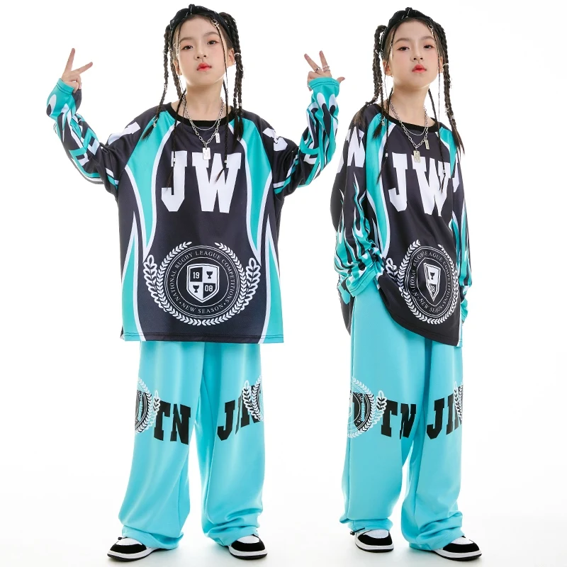 2024 Kids Hip Hop Clothes Blue Baggy Street Wear Boys Girls Jazz Dance Practice Clothes Long Sleeves Performance Costume BL13966