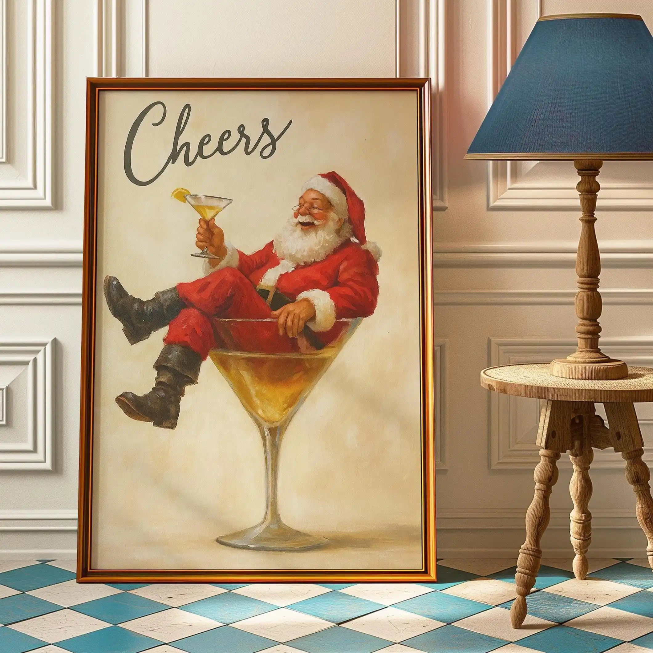 Cheers Santa Claus Poster Funny Retro Christmas Wall Art Poster Vintage Holiday Cocktail Print for Christmas Holiday Decorations