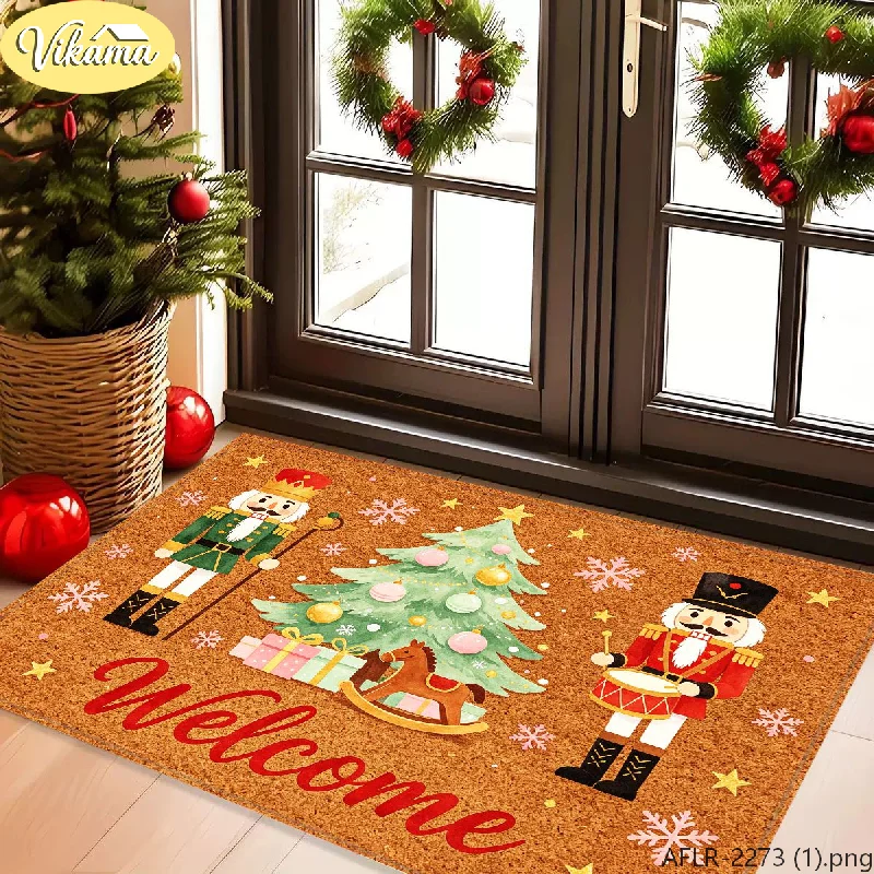 VIKAMA Christmas Nutcracker Rug, Merry Christmas Soldier Rug, Soft Non-Slip Entryway Doormat, Holiday Holly Berry Home Decor