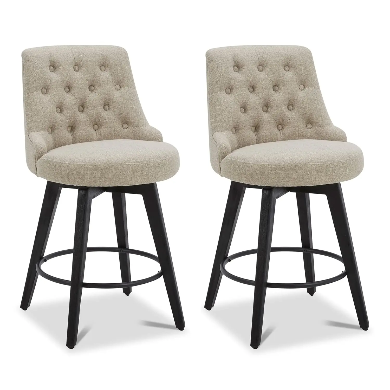 

Modern Swivel Bar Stool Performance Fabric Upholstered Counter Height with Back Solid Wood Legs 26in Seat Set 2 Tan Customized