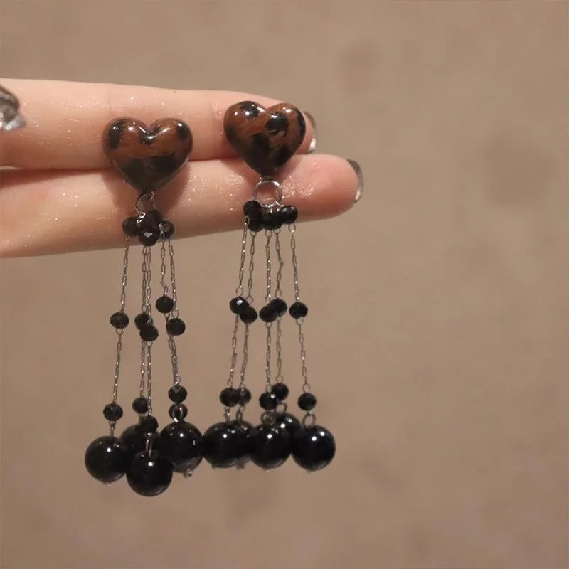 Silver Needle Leopard Print Love Glass Bead Tassel Earrings Women's Dark Earrings Fashionable Temperament Earrings Niche Feeling