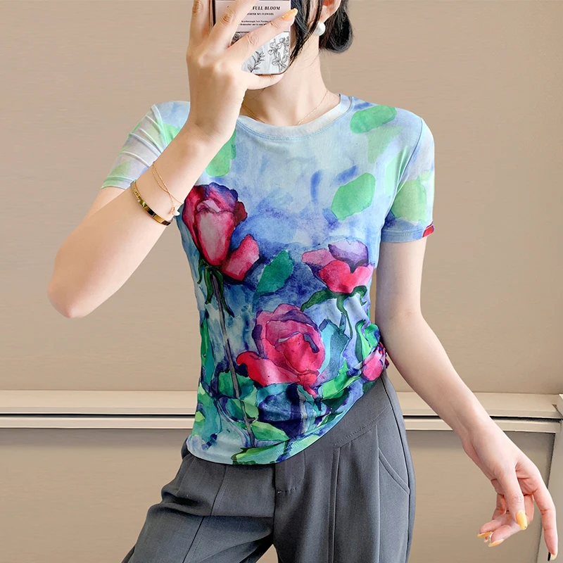 Faionable Women's Printed T-irt Summer New Sle Slim Fit round Ne ort Sve Ice Silk Me Top Korean Sle Commute