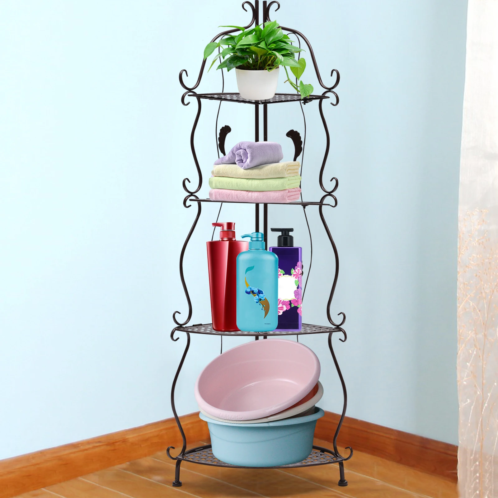 4 Layers Foldable Iron Bathroom Shelf Floor Bedroom Multi-Storey Toilet Kitchen Storage Shelf