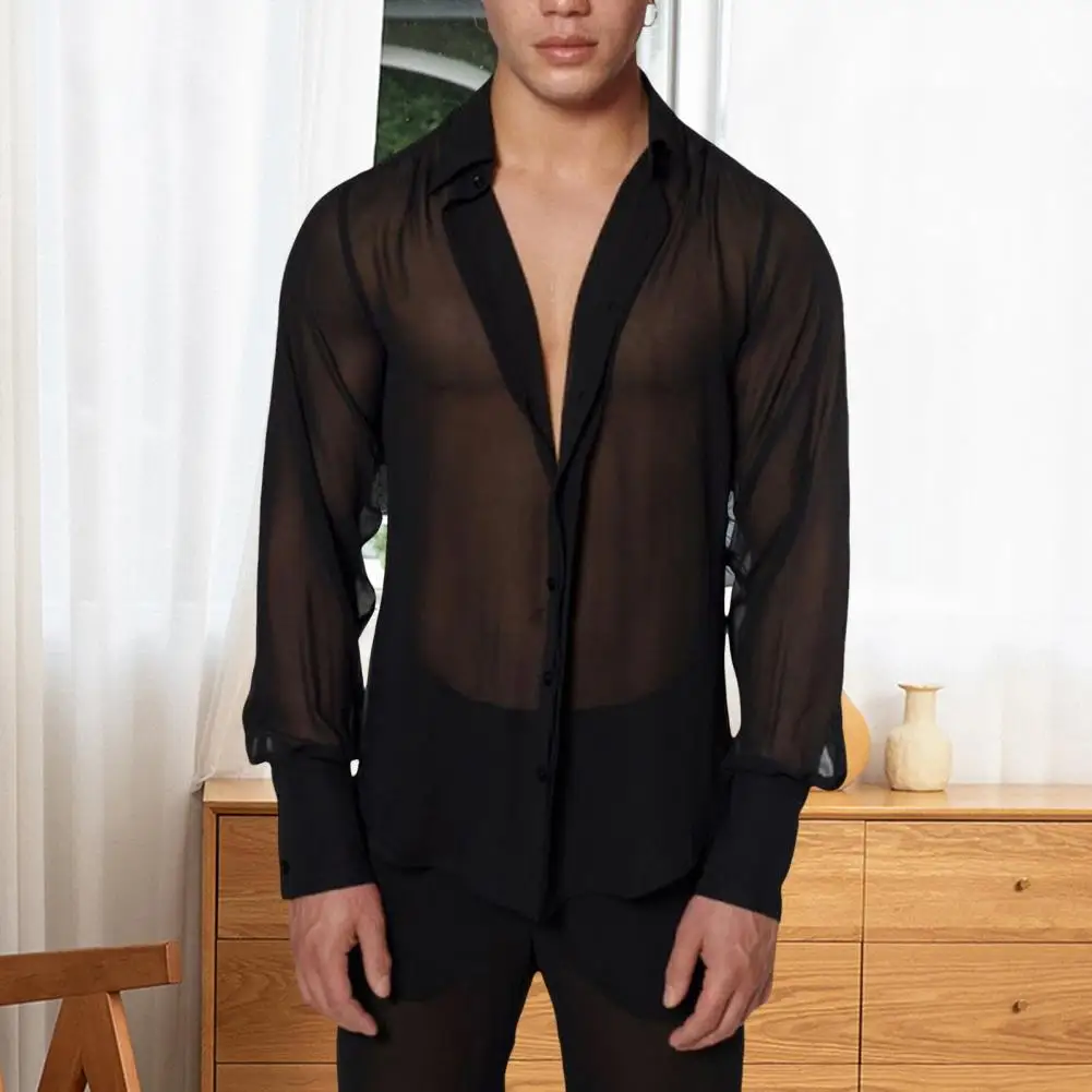 Camisa de solapa de moda para hombre, camisa transparente de malla negra con mangas largas, cuello en V, blusa Sexy de un solo pecho para fiesta para hombre