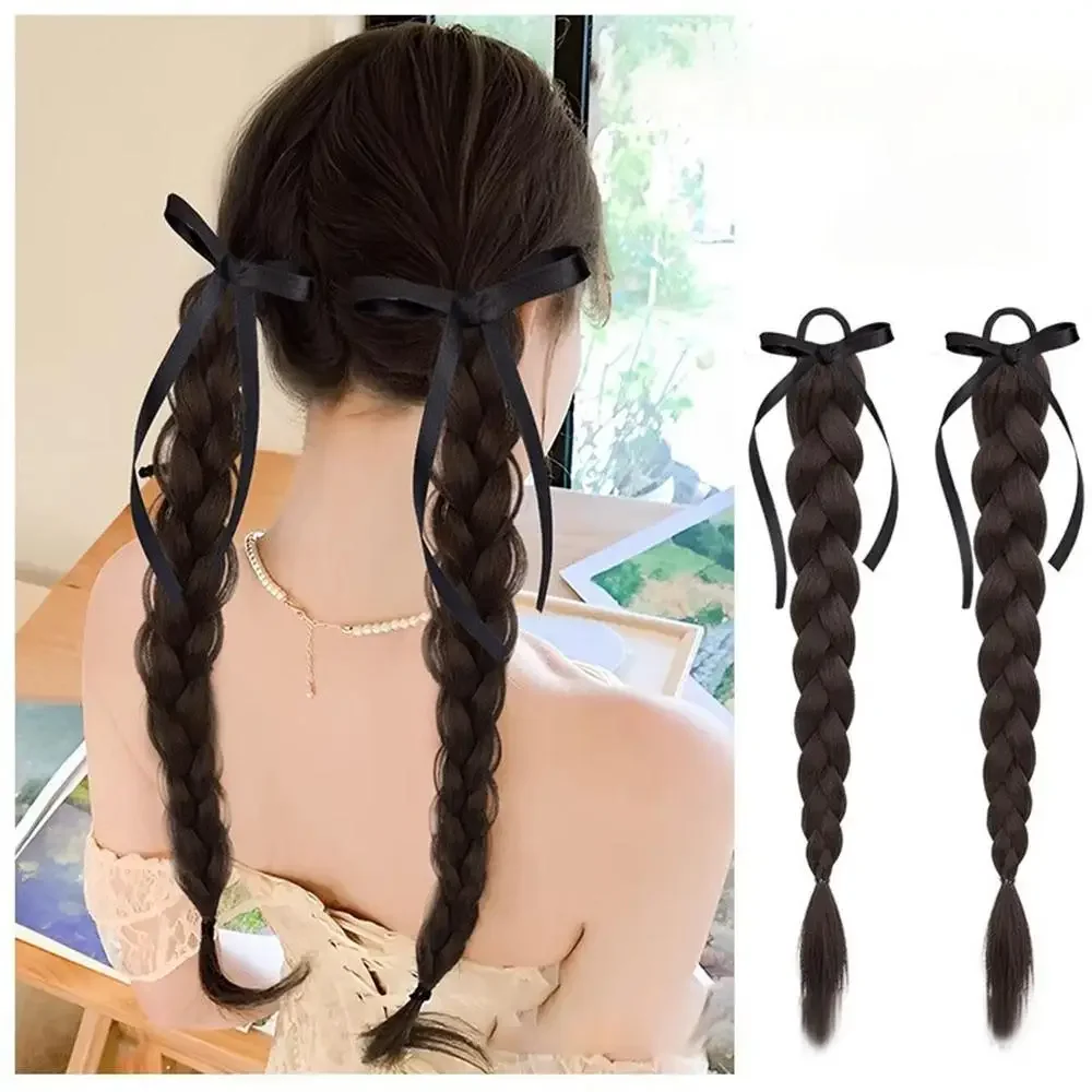 Synthetic 2PC children Simulation boxing braid double ponytail wig Girls ribbon bowknot Twist Braids Wigs Extension 50cm