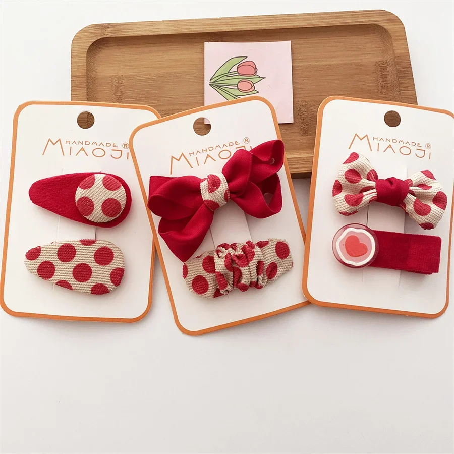 Baby Girls Cute Prints Fabric Bow Ornament Hair BB Clip Kids Lovely Red Dots Barrettes Students Hairpins Autumn Hair Accessories