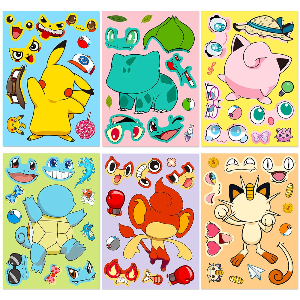 6/12Sheets Kawaii Pikachu Make a Face Puzzle Stickers Cartoon Pokemon Decals DIY Notebook Diary Fridge Assemble Jigsaw Sticker