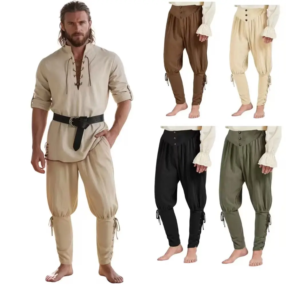 Herren Frühling Sommer Vintage Mittelalterliche Wikinger Baumwollhosen Halloween Mode Cosplay Piraten Renaissance Herrenhosen – Detail 9
