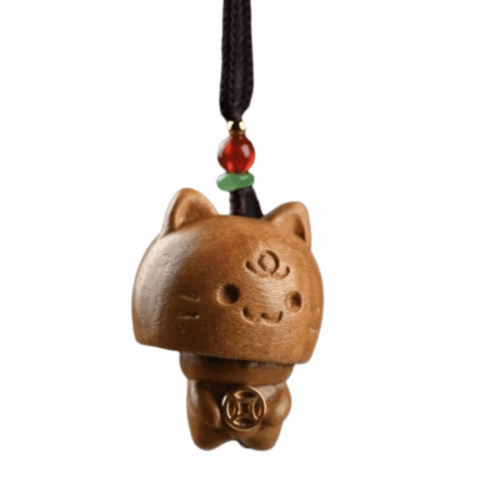 Cartoon Beech Wooden Cat Phone Chain Hand-carved Cute Wood Carving Pendant Peekaboo Creative Car Hanging Ornament Bag Decor
