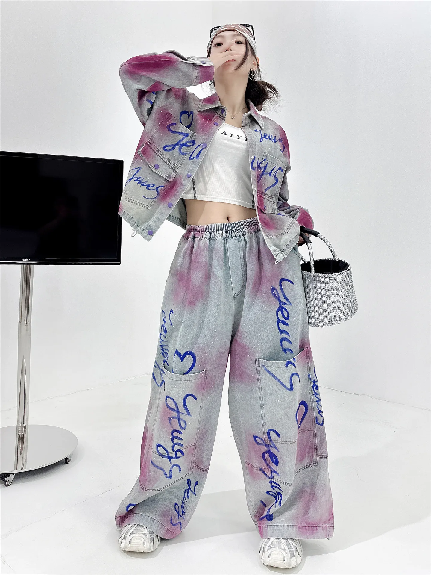 Fashionable Autumn Women Denim Set Hot Diamonds Letters Printed Vintage Cardigans Coat Elastic Waist Wide Leg Lantern Pants