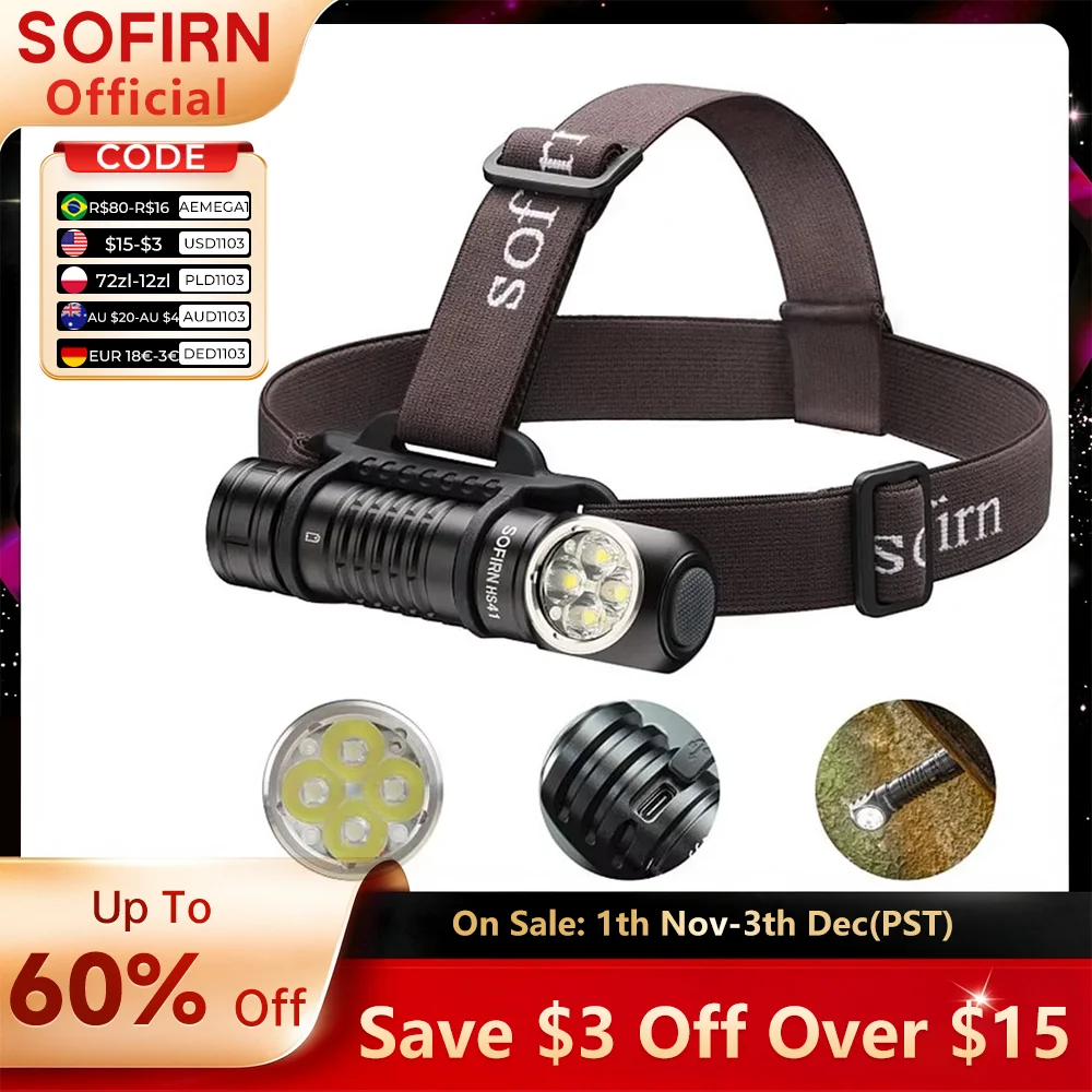 SOFIRN HS41 Headlamp 4000lm 21700 USB C Rechargeable with SST20 LED Torch Indicator with Magnetic Tail Flashlight