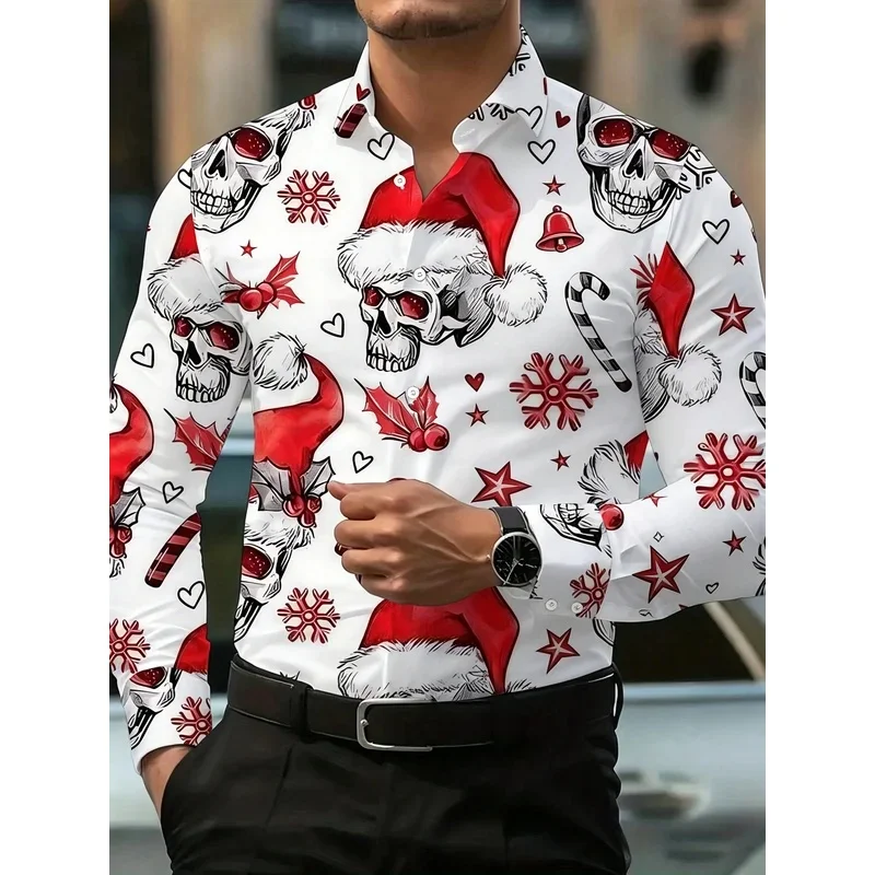 Men's Christmas Santa Skull Print Long Sleeve Shirt Turn‑Down Collar Tops For Xmas Holiday Gathering Casual Party Outfit